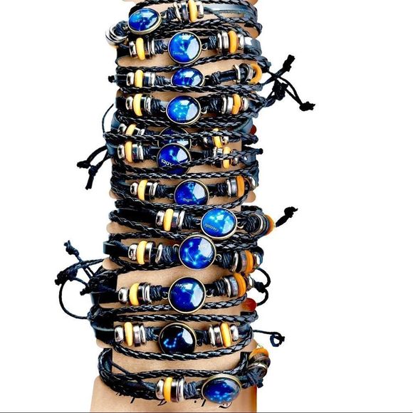 New Genuine Leather Aquarius Constellation Zodiac Sign Bracelet - Picture 5 of 6